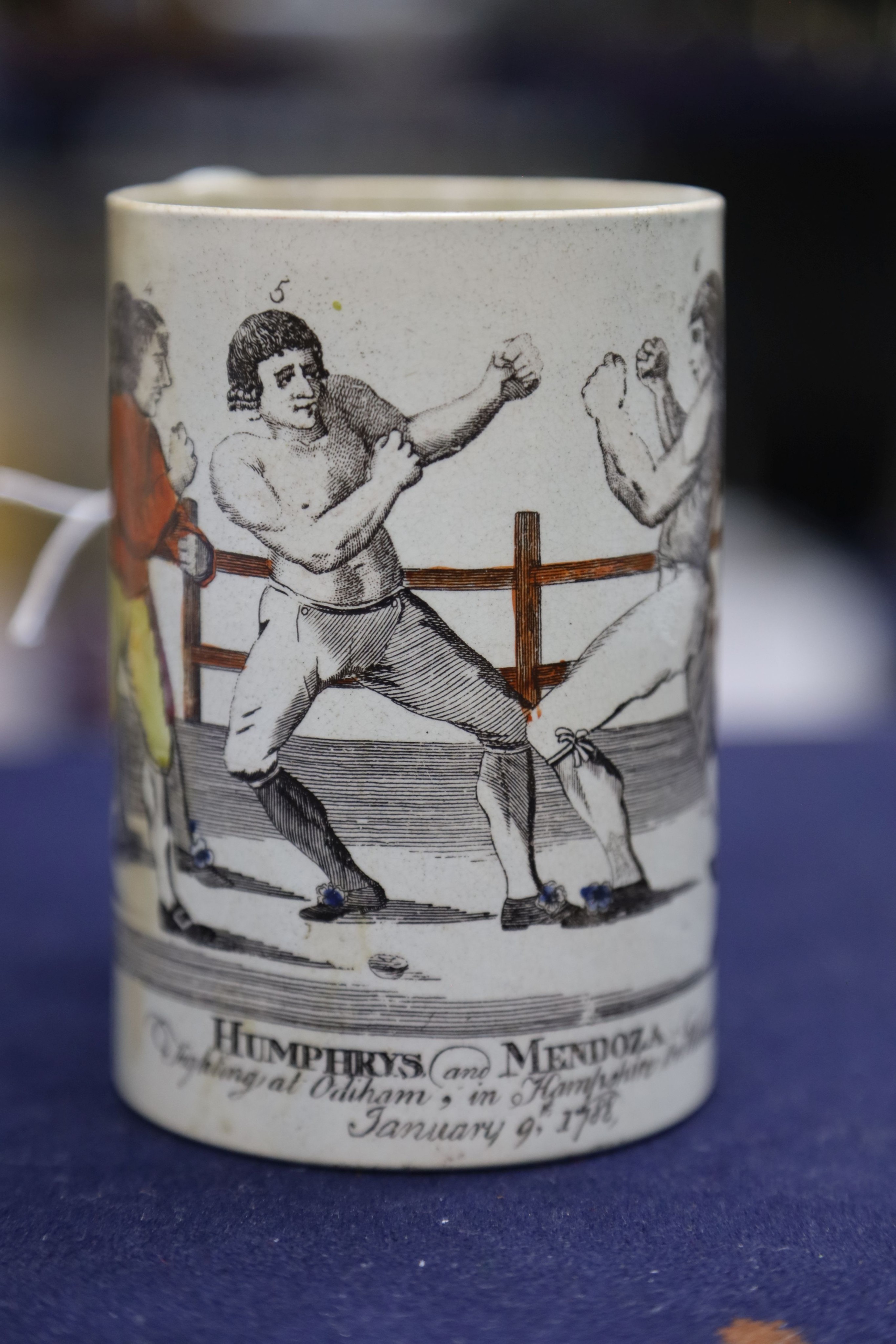 Boxing History- A late 18th century pearlware mug, depicting Humphreys v Mendoza, height 12cm